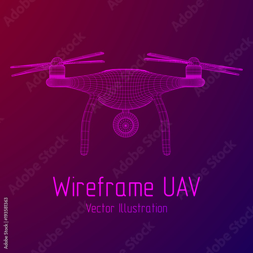 Remote control air drone. Dron flying with action video camera. Wireframe low poly mesh vector illustration