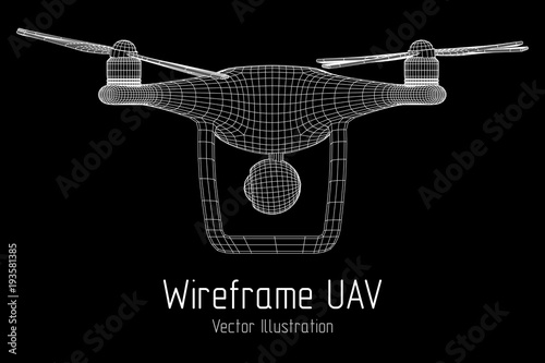 Remote control air drone. Dron flying with action video camera. Wireframe low poly mesh vector illustration