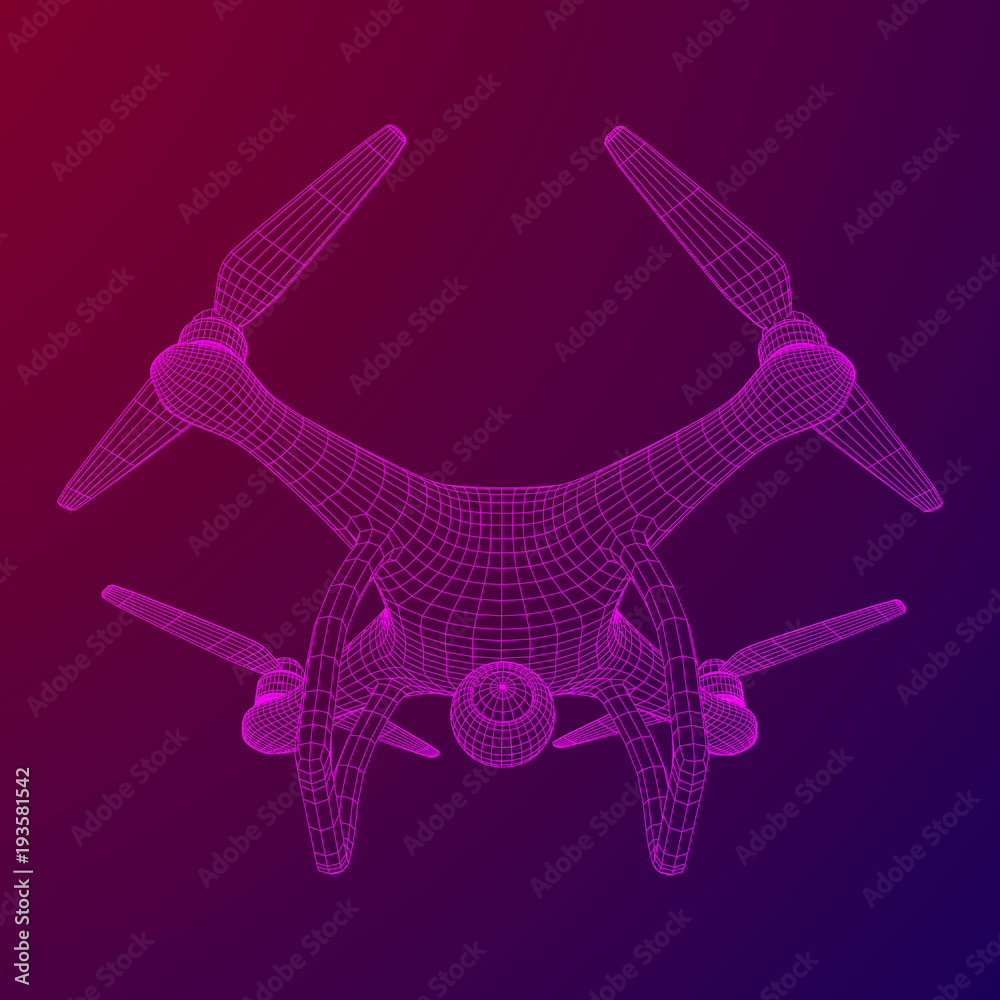 Remote control air drone. Dron flying with action video camera. Wireframe low poly mesh vector illustration Remote control air drone. Dron flying with action video camera. Wireframe low poly mesh vector illustration