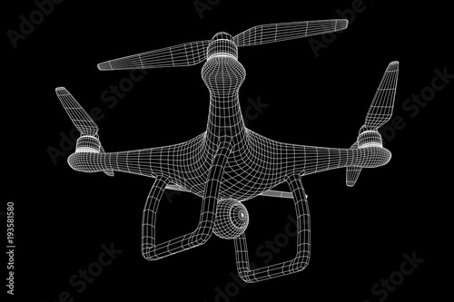 Remote control air drone. Dron flying with action video camera. Wireframe low poly mesh vector illustration