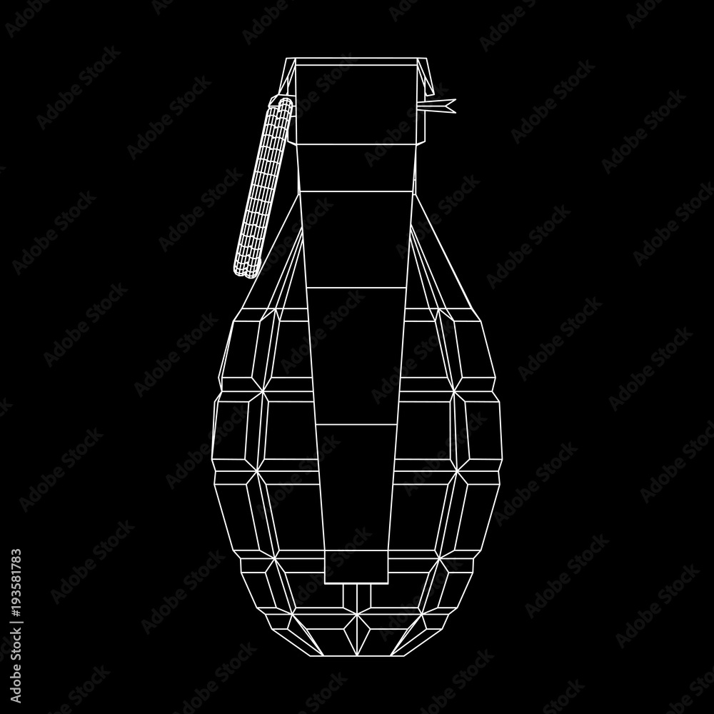 Hand bomb frag grenade wireframe low poly mesh vector illustration Hand bomb frag grenade wireframe low poly mesh vector illustration