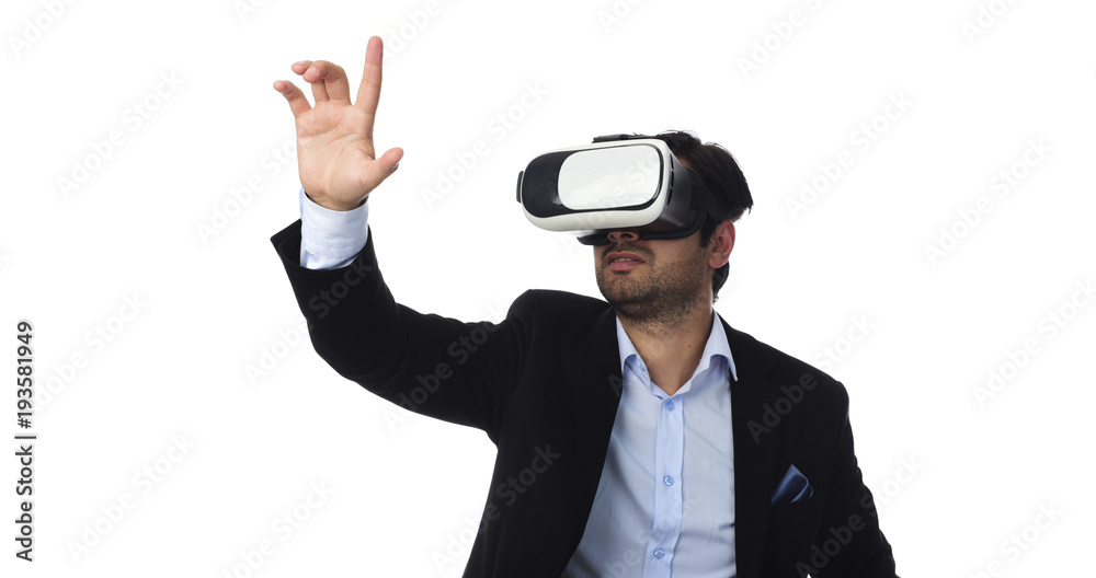 Arab Man experiencing virtual reality wearing virtual reality glasses Arab Man experiencing virtual reality wearing virtual reality glasses