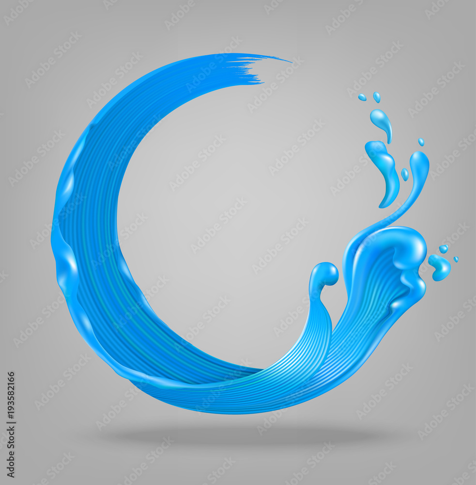 Hyper realistic circle light blue paint brushstroke with the splash and drops. Abstract background. Vector illustration. 