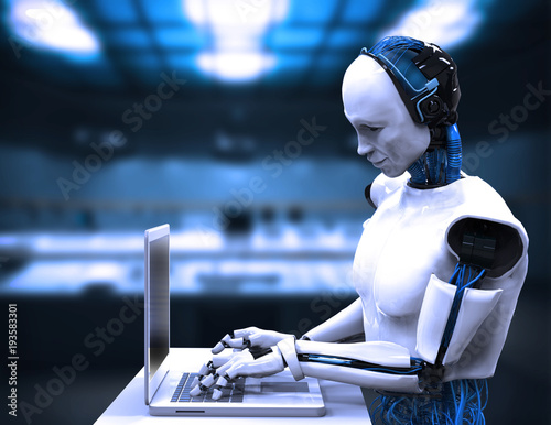 3d rendering humanoid robot working on laptop computer