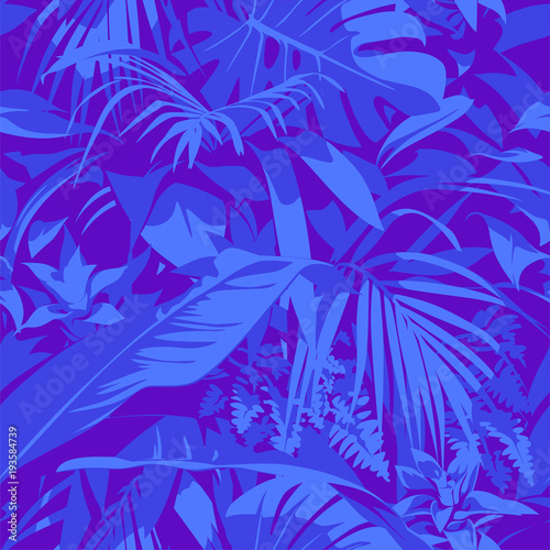 Fototapeta Naklejka Na Ścianę i Meble -  Seamless Ultraviolet Hawaiian tropical pattern with, palm leaves and flowers.