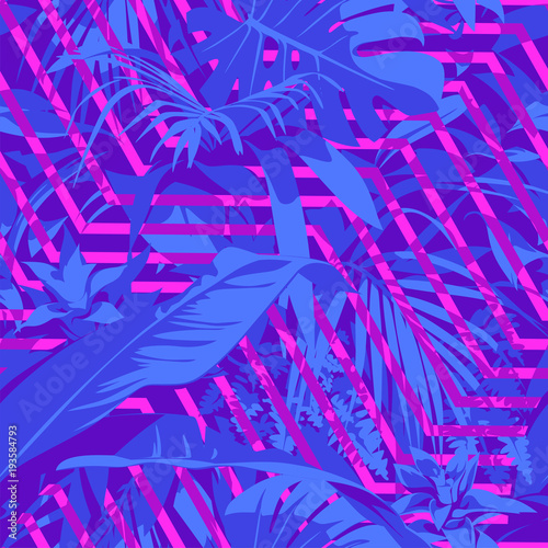 Seamless Ultraviolet Hawaiian tropical pattern with, palm leaves and flowers.