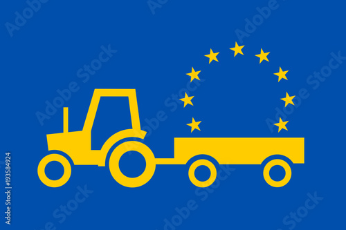 European Union and tractor as metaphor of EU and agriculture / farming. Rural vehicle and machine is transporting yellow flag. Vector illustration