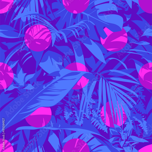 Seamless Ultraviolet Hawaiian tropical pattern with, palm leaves and flowers.