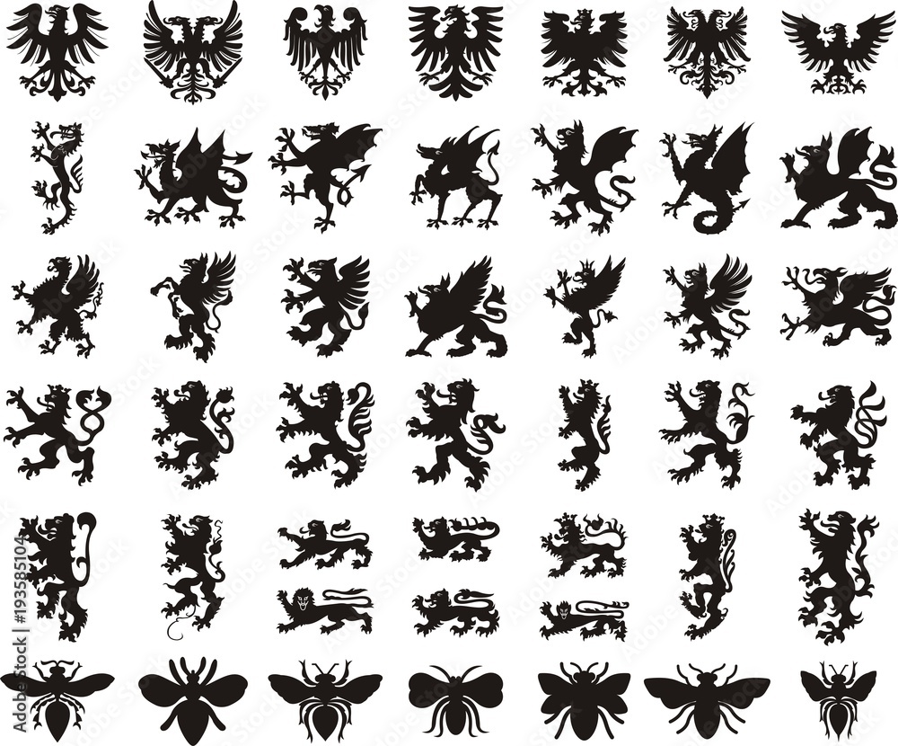 Heraldic elements set: eagle, dragon, lion, bee Heraldic elements set: eagle, dragon, lion, bee
