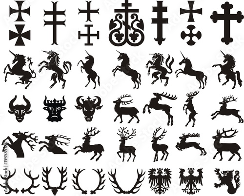 Heraldic elements set  cross  unicorn  bull  deer  horns  harpy  wolf