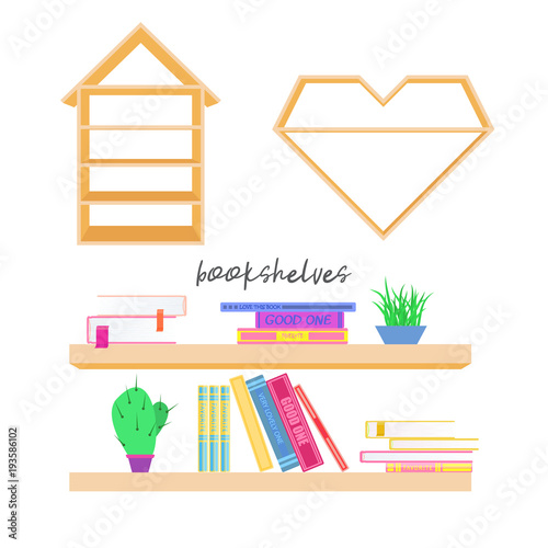 A set of bookshelves and books