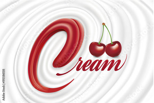 Milk yogurt cream swirl with tongue shape and fresh cherry