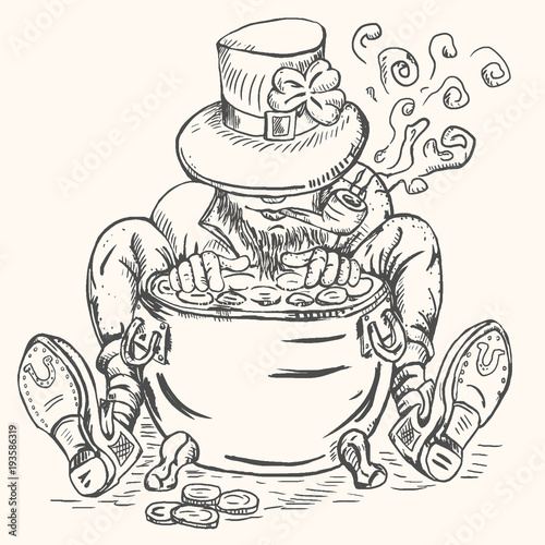 outline sketch of a leprechauns hat and a pipe hugging the pot of gold
