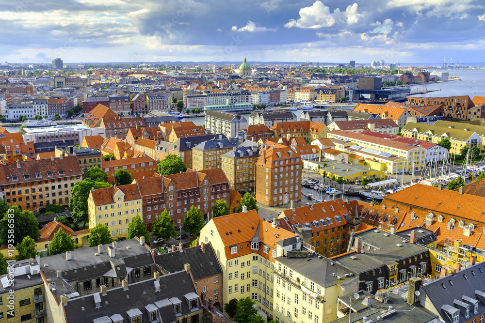Denmark - Zealand region - Copenhagen city center - panoramic aerial view of the central Copenhagen and outskirts in the background