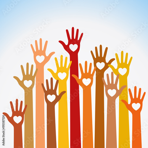 Red orange yellow colors colorful caring up hands hearts vector logo design element. Volunteers hands up with heart emblem  icon for education, health care, medical, volunteer, vote