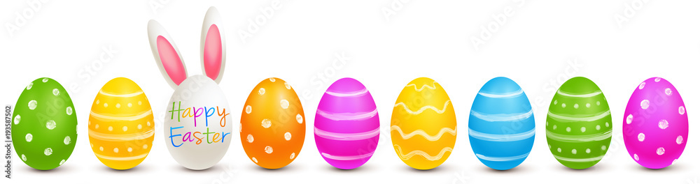 Fototapeta premium Row of painted easter eggs with hidden easter bunny - happy easter