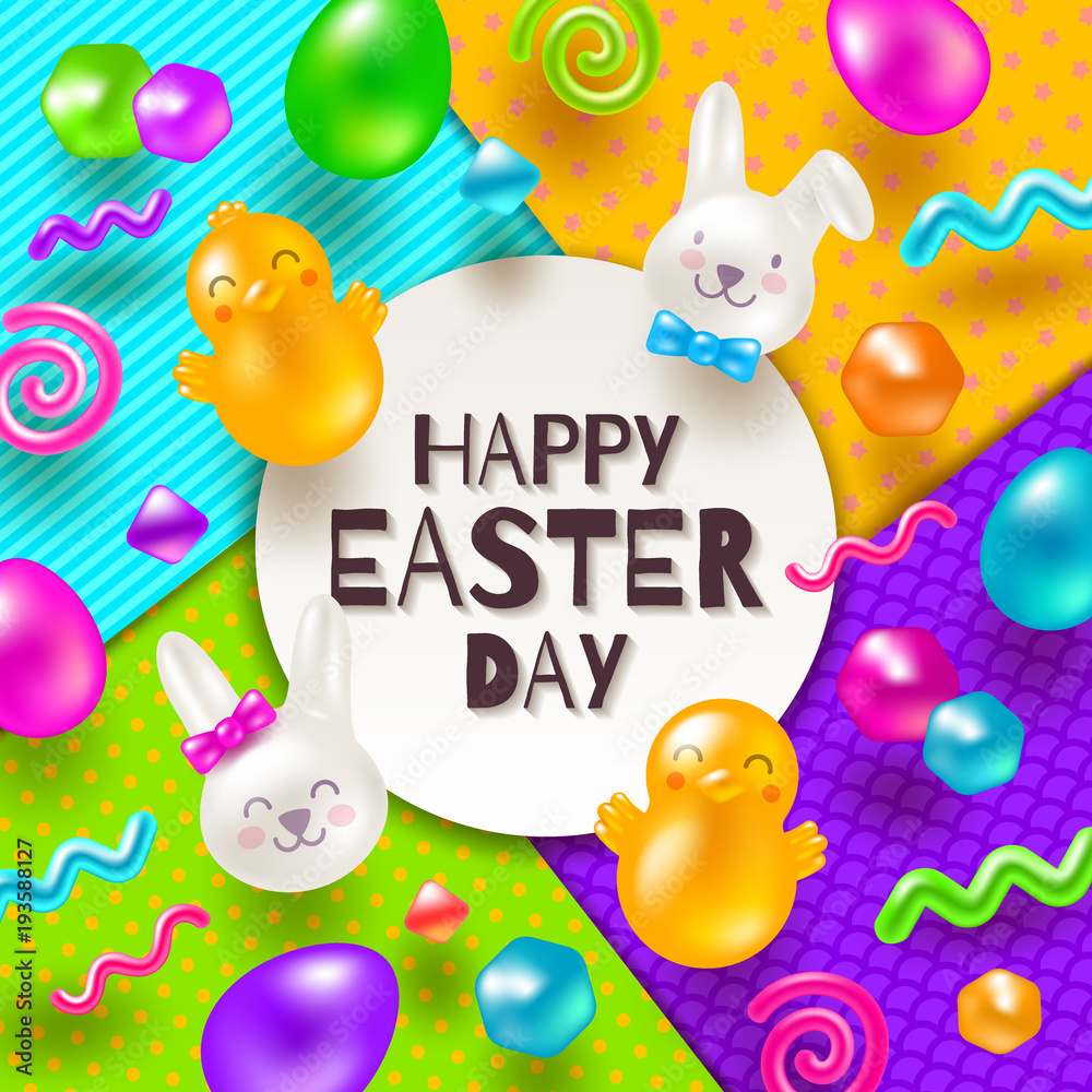 Easter greeting card. Colorful marmalade and candys in the shape of rabbits, chickens, eggs and other forms on a multicolored paper background. Vector illustration. Easter greeting card. Colorful marmalade and candys in the shape of rabbits, chickens, eggs and other forms on a multicolored paper background. Vector illustration.