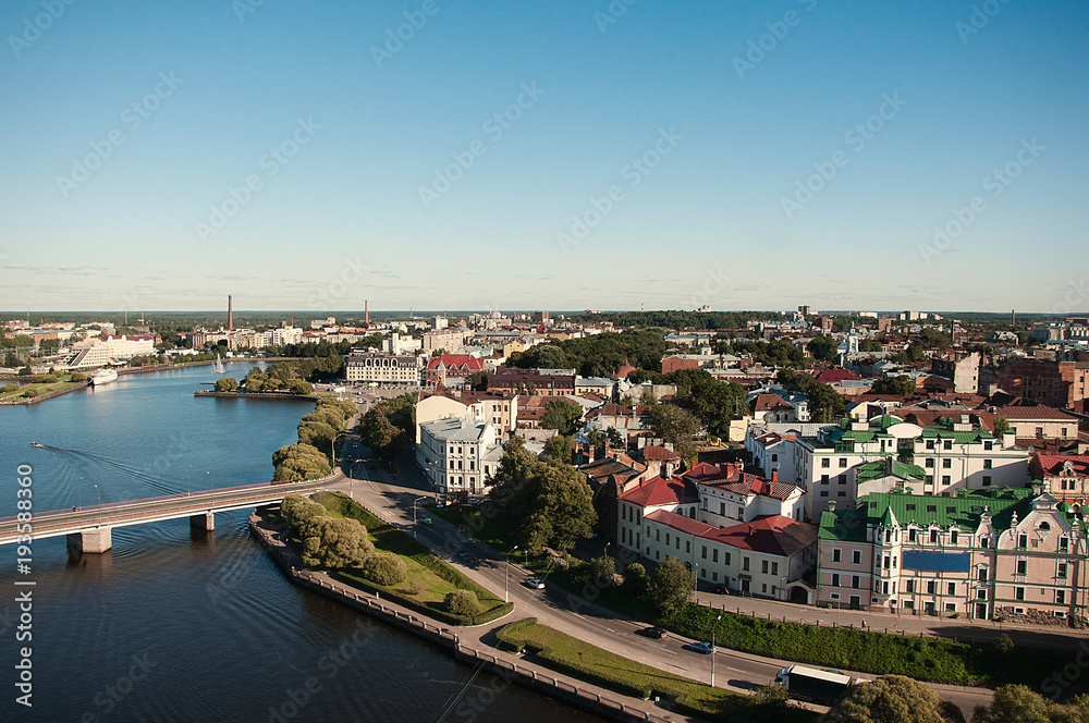 VYBORG, RUSSIA View of Vyborg Township with the river. Vyborg stands at the head of Vyborg Bay of the Gulf of Finland, 113 km northwest of St. Petersburg.