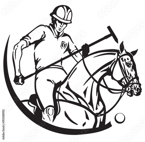 Equestrian polo player and pony horse. Sportsman sitting on horseback and holding a mallet stick. Equine sport emblem badge . Black and white vector illustration 