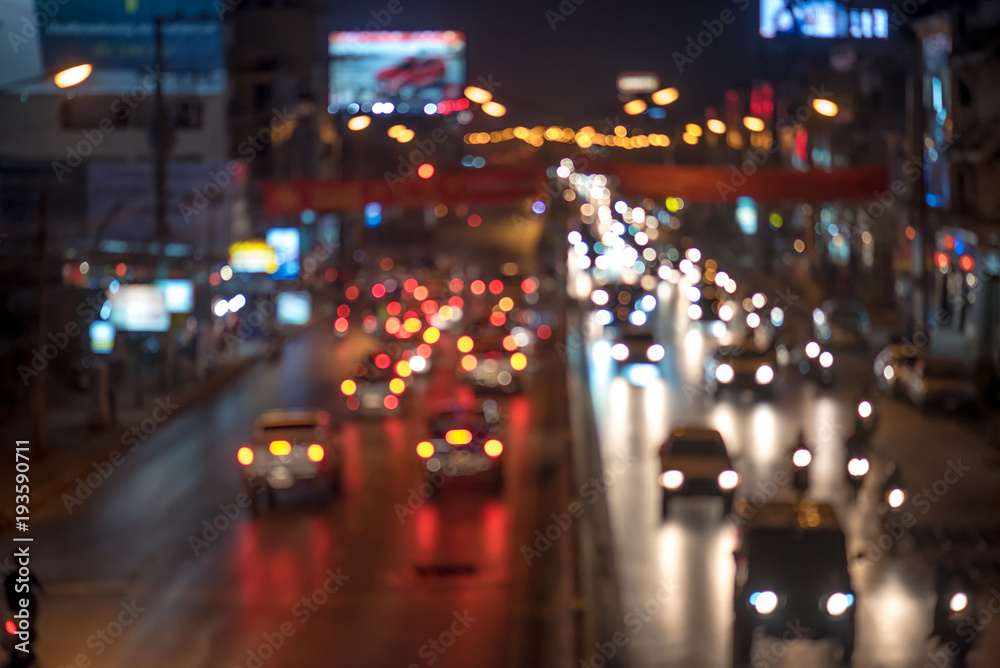 Night traffic jam with colorful bokeh,blur focus.