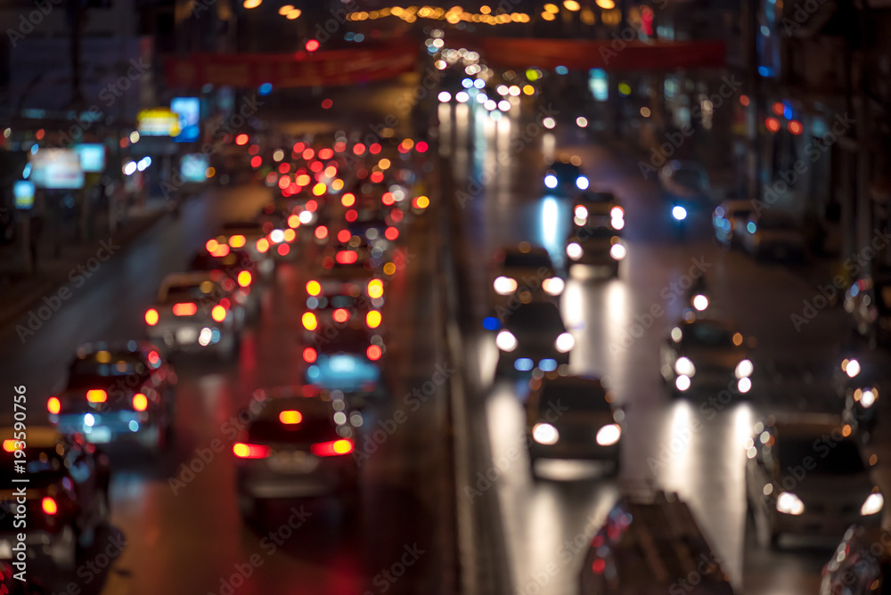 Night traffic jam with colorful bokeh,blur focus.