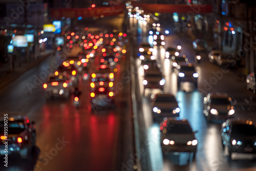 Night traffic jam with colorful bokeh,blur focus. © watchara