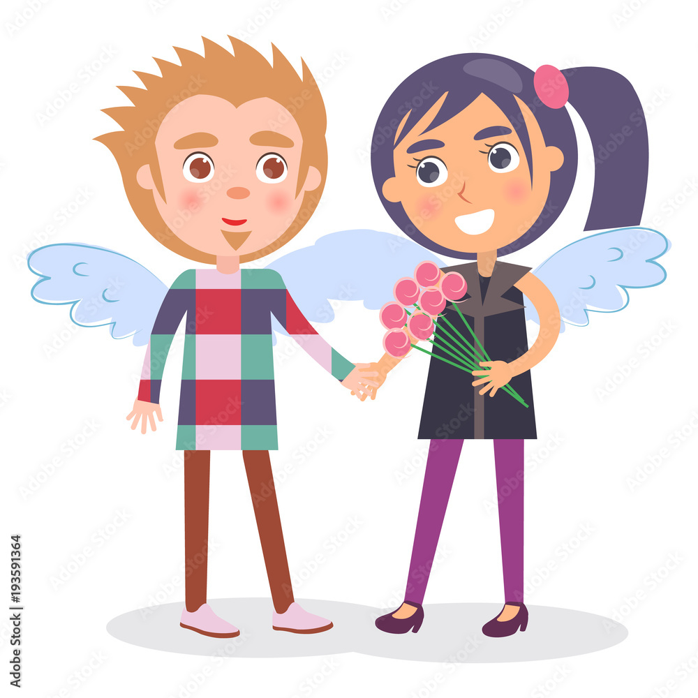 First Date Teenage Couple in Angel Wings, Boy Girl First Date Teenage Couple in Angel Wings, Boy Girl