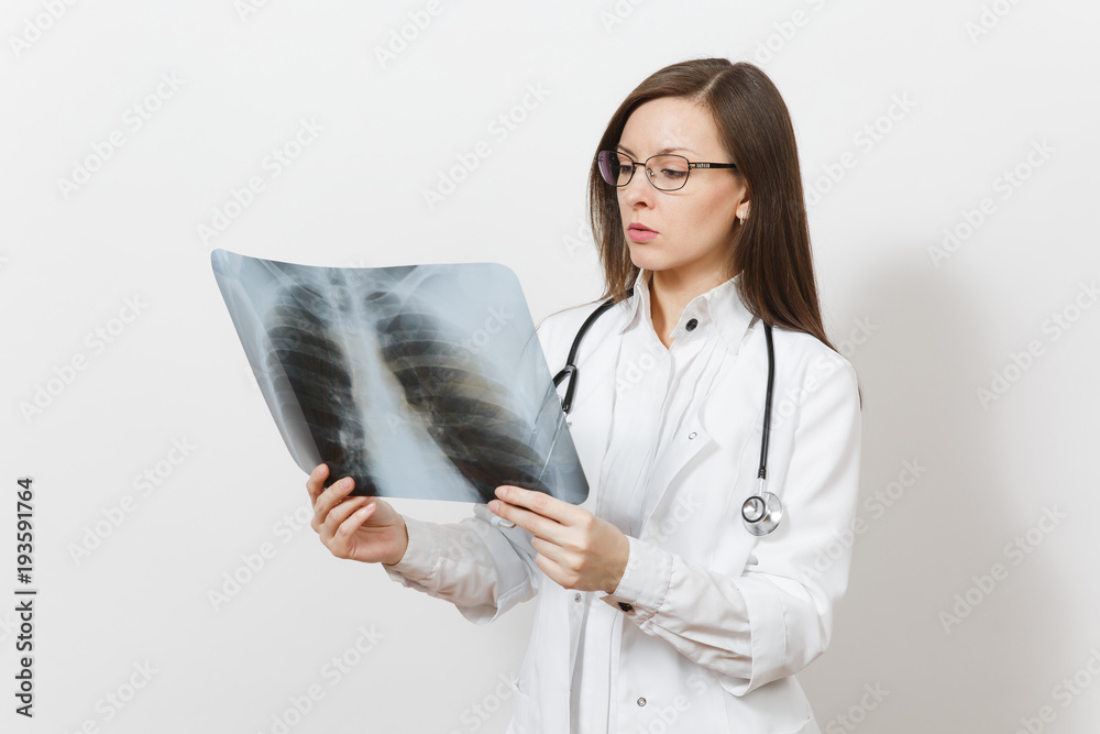 Beautiful doctor woman with X-ray of lungs, fluorography, roentgen isolated on white background. Female doctor in medical gown stethoscope glasses. Healthcare personnel, medicine concept. Pneumonia. Beautiful doctor woman with X-ray of lungs, fluorography, roentgen isolated on white background. Female doctor in medical gown stethoscope glasses. Healthcare personnel, medicine concept. Pneumonia.