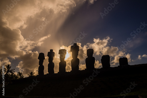 Silhouette of the moais of Ahu Nau Nau in Easter Island