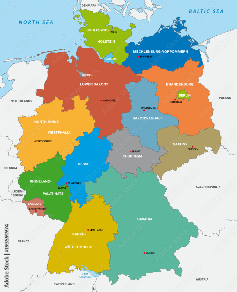 Administrative map of the Federal Republic of Germany in English Stock  Vector | Adobe Stock