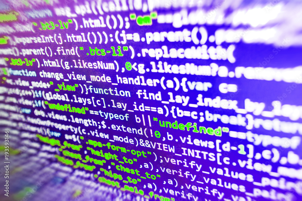 Creative focus effect. Software development. JavaScript code in text ...