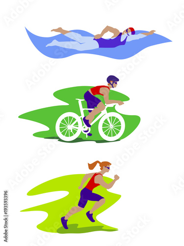 Triathlon woman vector set.