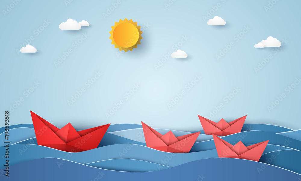 Leadership concept , origami boat sailing in blue ocean , paper art style