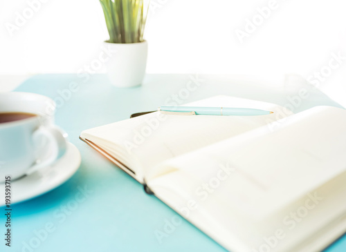 Books and pen on the blue table