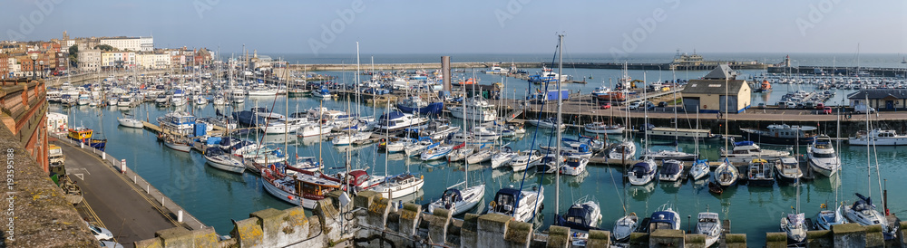 Panoramic image of the impressive and historic Royal Harbour of Ramsgate, Kent, Uk. The marina was given its royal status by King George IV