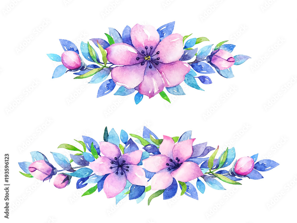 Watercolor hand drawn decorative floral elements with lilac flowers and leaves isolated on white background.