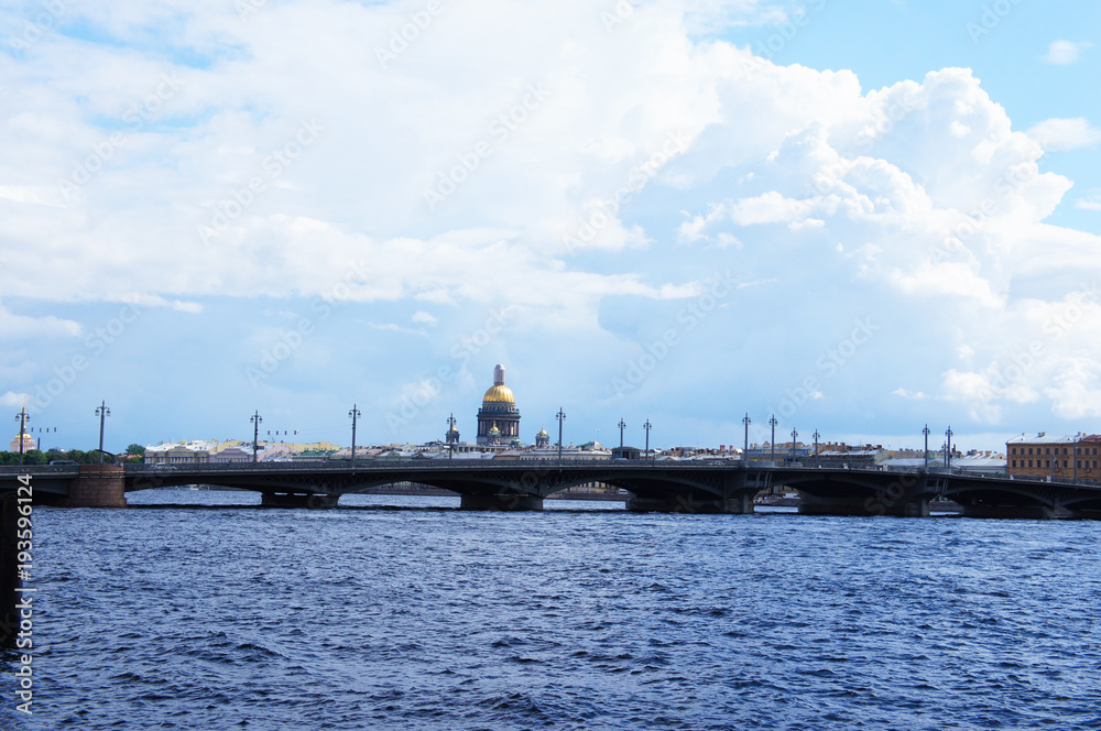 Cityscape of Saint-Petersburg, Russia view to river Neva and Blagoveshchenskiy Bridge Cityscape of Saint-Petersburg, Russia view to river Neva and Blagoveshchenskiy Bridge