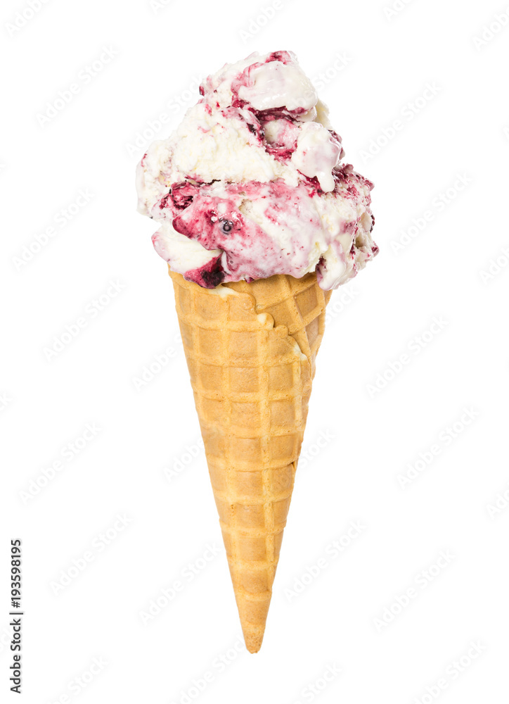 Cherry ice cream in waffle cone isolated on white