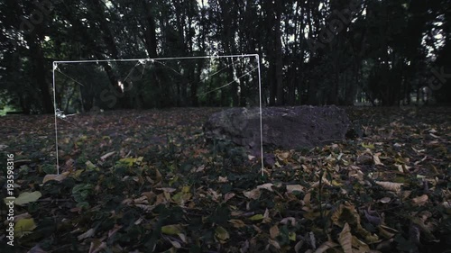 Various pieces of glass stand in the forest. A camera moves around them