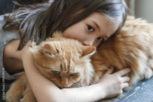 Little girl gently hugs a big red cat