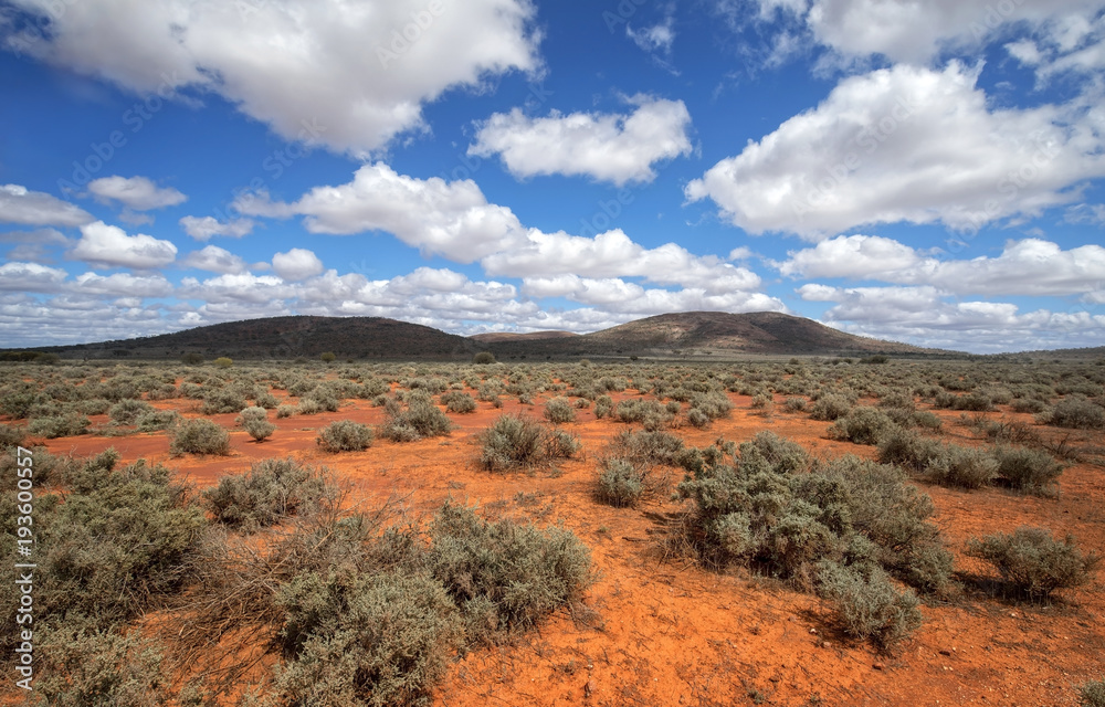 South Australia – Outback desert with scrubs and hills under cloudy sky as panorama