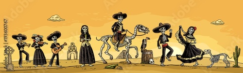 Skeleton Mexican costumes dance and play the guitar, violin, trumpet.