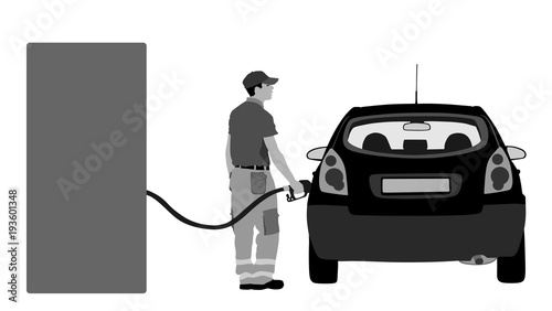 Worker on gas station fill the machine with fuel vector. Car fill with gasoline at a gas station. Gas station pump. Man filling gasoline fuel in car holding nozzle.Pumping gasoline fuel in vehicle.