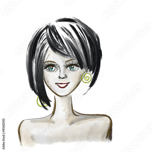 Colorful hand drawn abstract portrait of lady with hairstyle as fashion symbol on white background, isolated silhouette style illustration painted by watercolor, pen and pencil, high quality