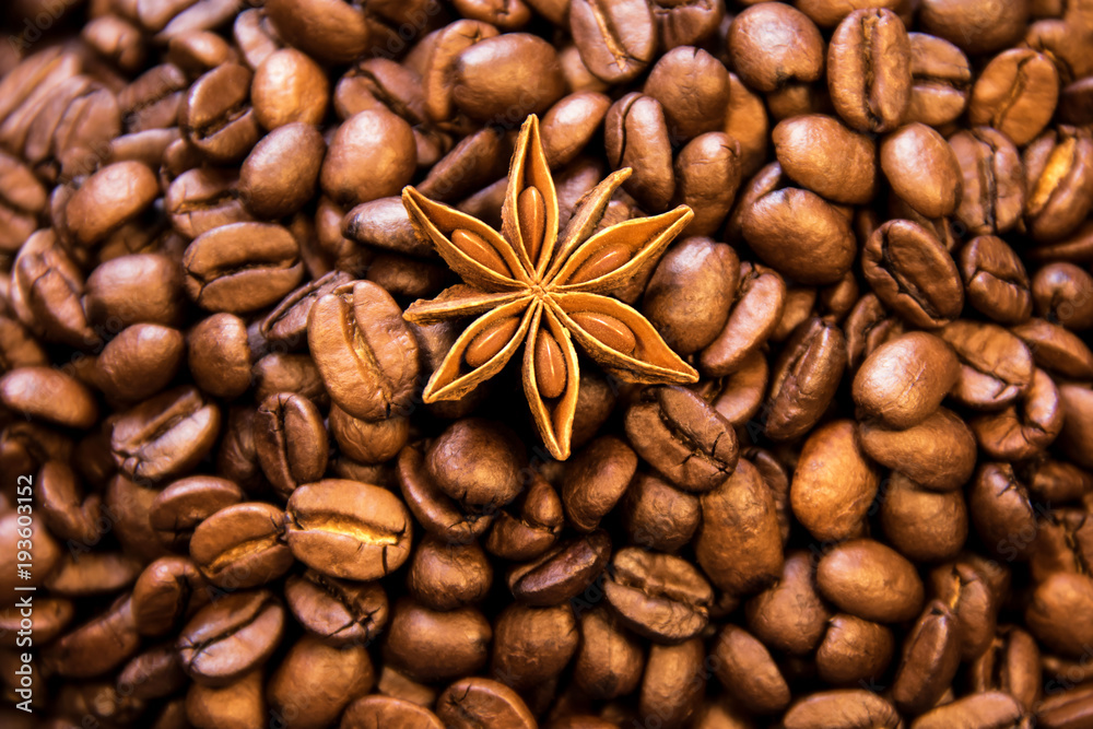 Coffee texture with spice. Roasted coffee beans as background wallpaper.  Beautiful arabica real cofee bean illustration for any concept. Gourmet  coffee beans macro closeup studio photo. Stock Photo | Adobe Stock