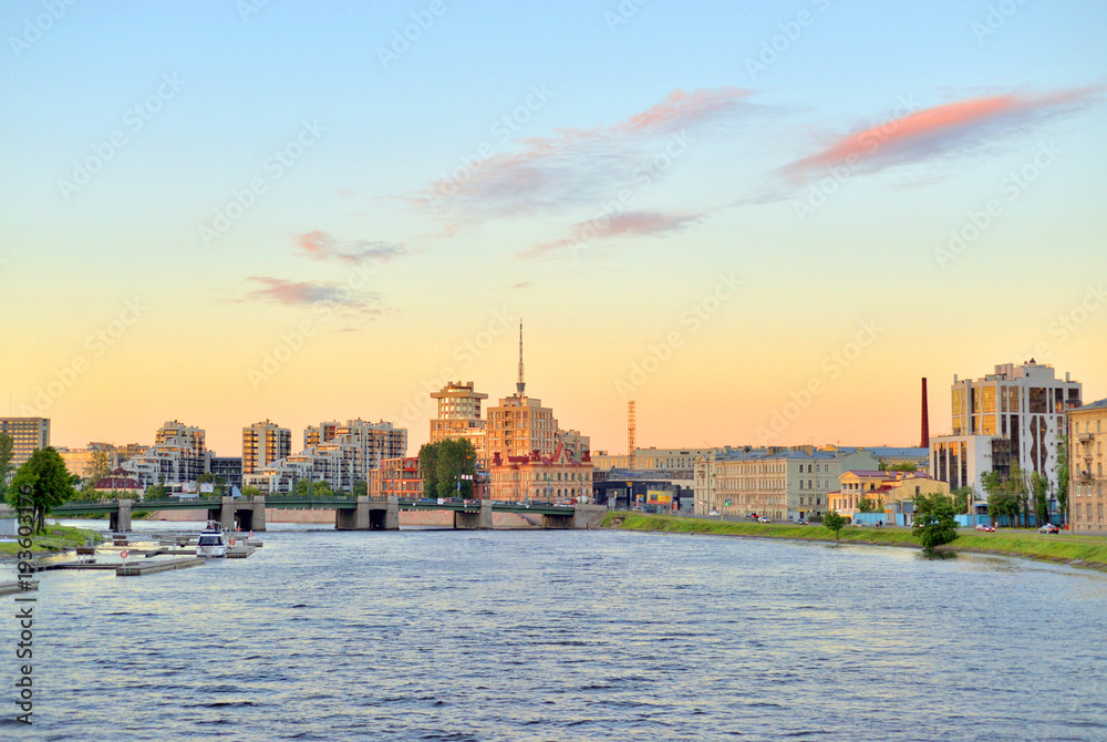 Embankment of Malaya Nevka River at sunset. Embankment of Malaya Nevka River at sunset.