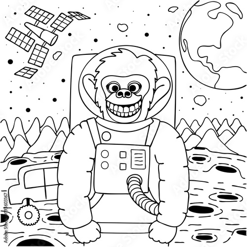 Cute happy monkey smile at camera to take photo, for print design and coloring book page. Vector illustration photo