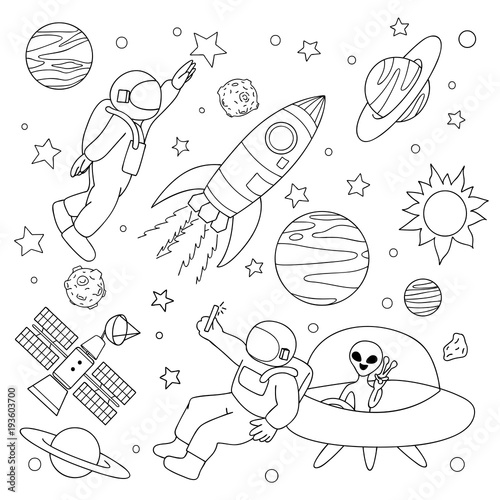 Hand drawn astronaut take a selfie with alien and play with stars on space for design element and coloring book page. Vector illustration