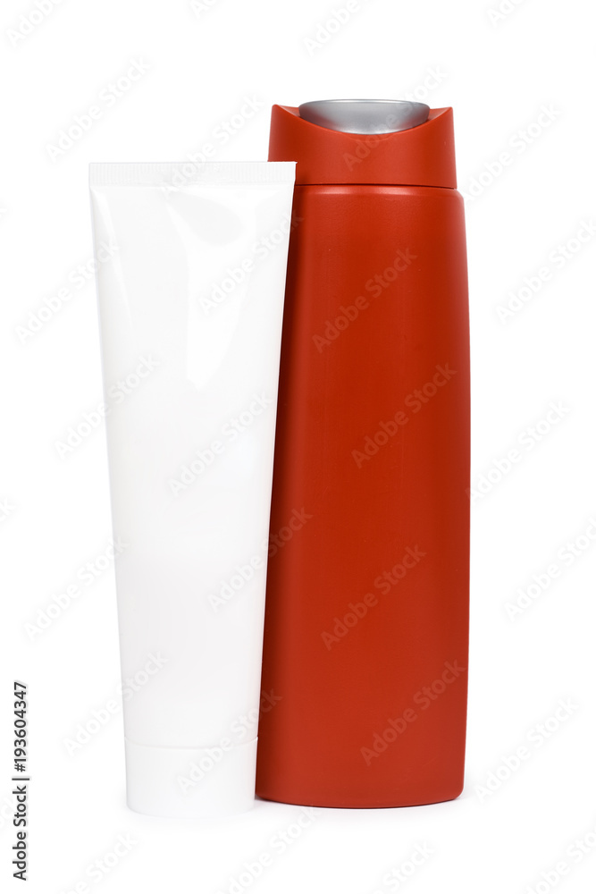 Red and white plastic containers. Isolated on white background. Bottle and package template. Blank copyspace Red and white plastic containers. Isolated on white background. Bottle and package template. Blank copyspace
