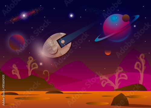 Vector illustration of spaceship flying over alien planet t in opened space.
